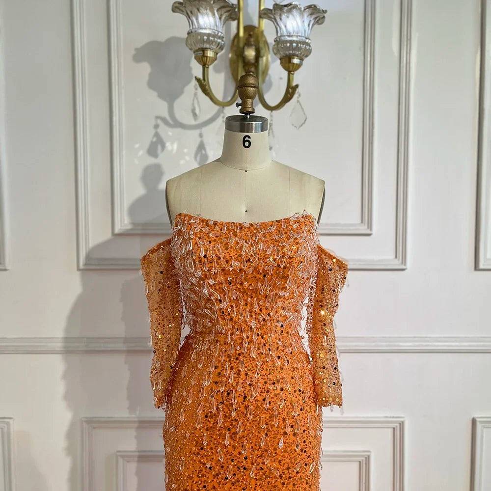 Serene Hill Arabia Orange Mermaid Strapless Luxury Beaded Crystal Evening Dresses Gowns for Women Wedding Party 2024 GLA72402