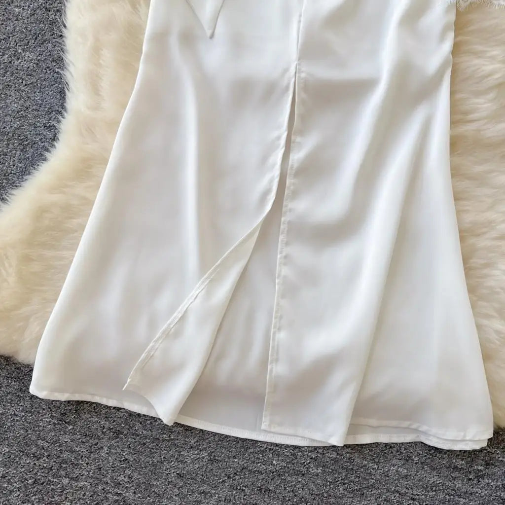 Elegant Solid Satin Midi Dress for Women Autumn Long Sleeve Lace Patchwork Office Work Shirt Dresses Lace-up Slim Waist Vestidos