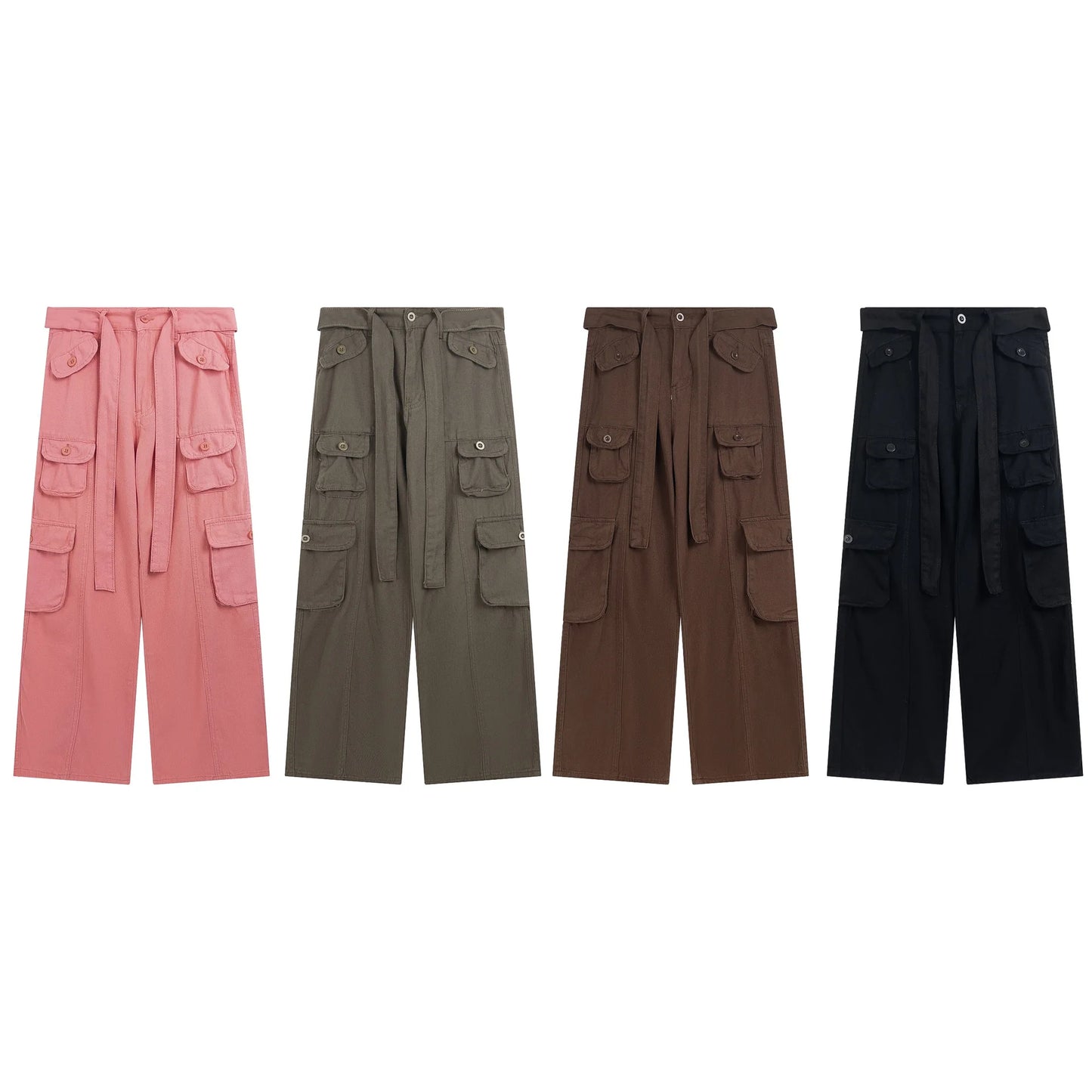Women's High Waist Cargo Pants with Lace Belt Street Multi Pocket Straight Leg Casual Trousers Spring Autumn New Y2K Vintage