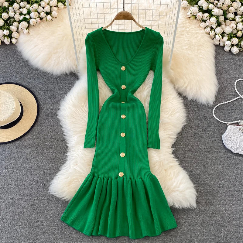 Chic V Neck Long Sleeve Elegant Mermaid Dress Sexy slim Evening Party French Fashion Knit Vestidos High Waist Autumn Slim Robe