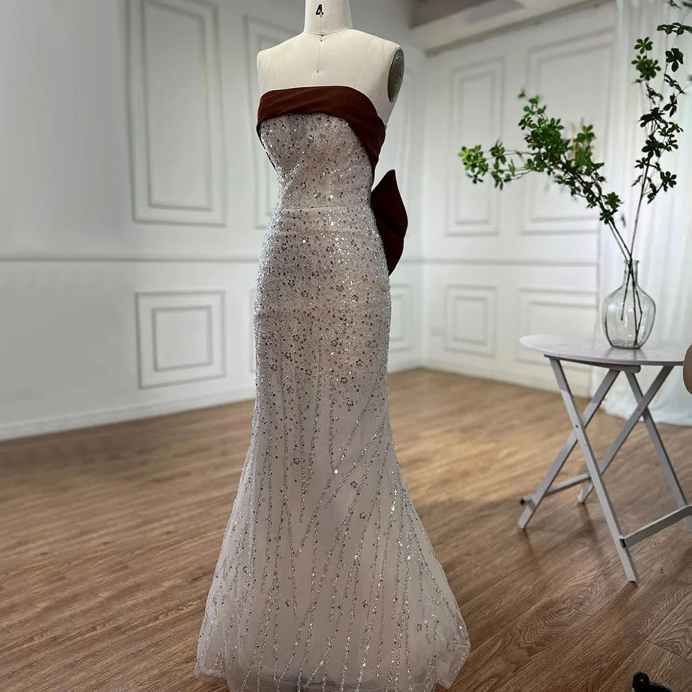 Serene Hill Arabic Beige Elegant Mermaid Strapless Beaded Evening Dresses 2024 Gowns For Women Wedding Party LA72065