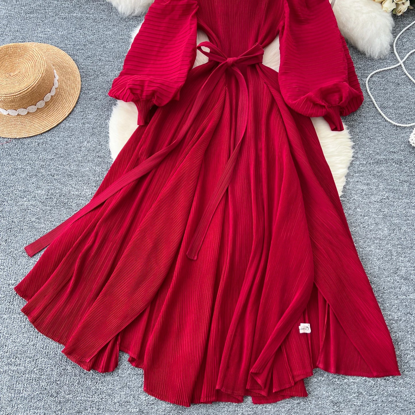 Vintage Elegant Lantern Sleeve Sweet Pleated Dress Women Basics Fashion Summer Spring Dresse