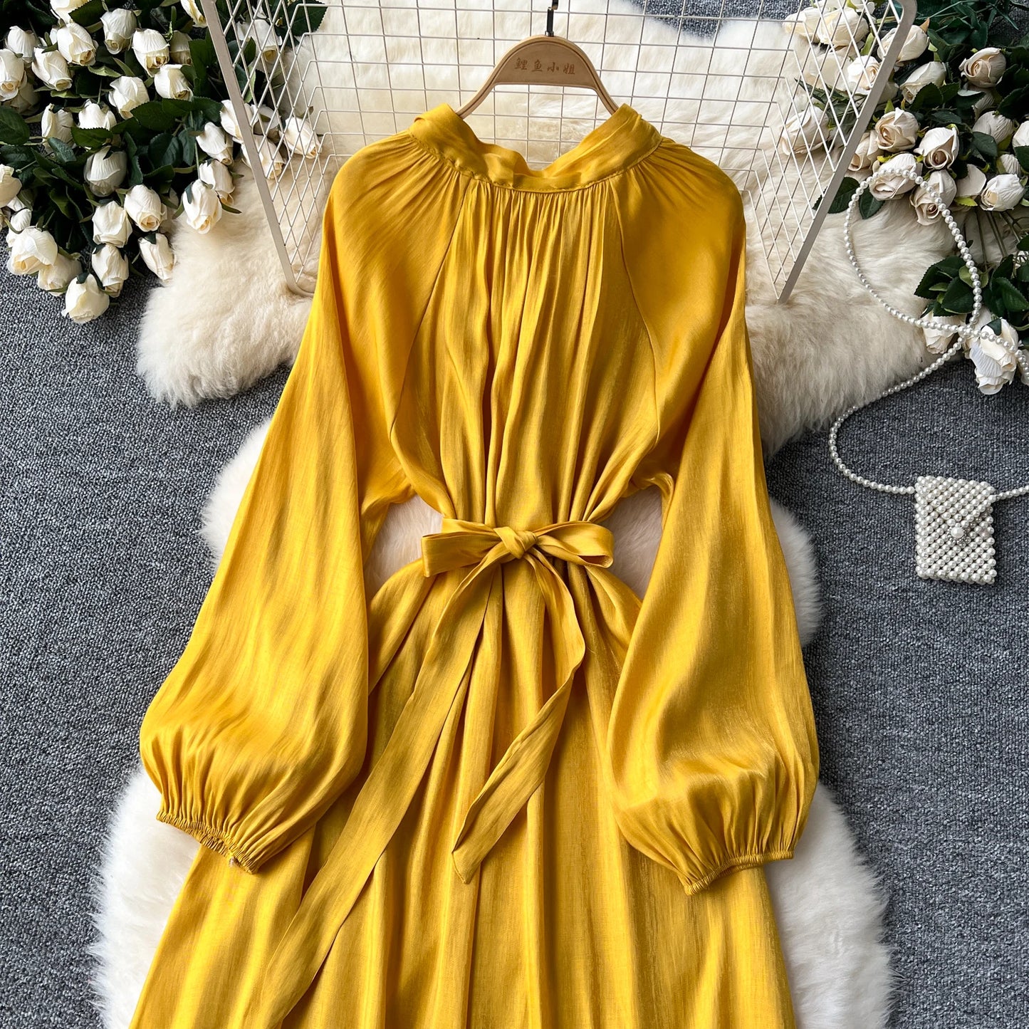 French Vintage Pleated lool sleeve print Lace-up Bow sweet Dress Casual Women Fashion summer dresses