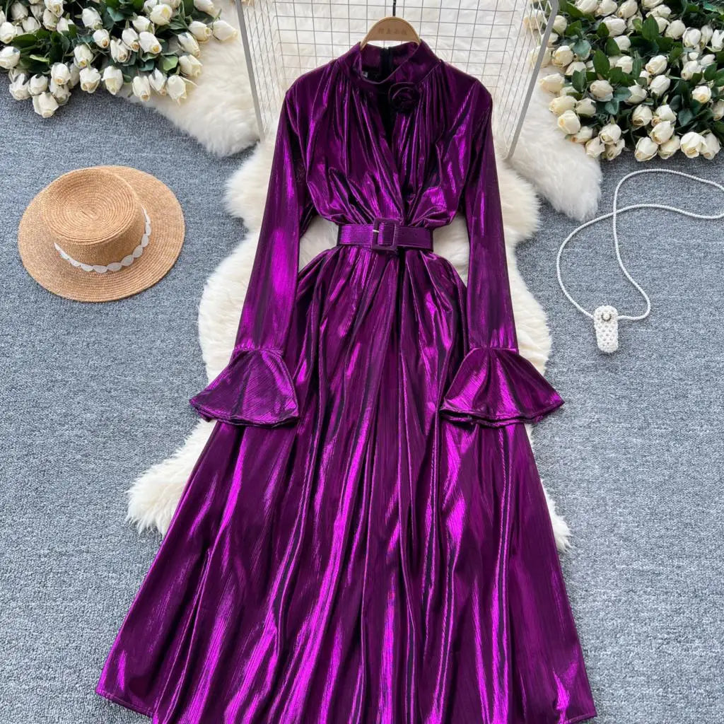 Autumn Vintage Pleated Women Long Dress Elegant Stand Collar Solid A-Line Party Prom Vestidos Female Birthday Clothes Mujers