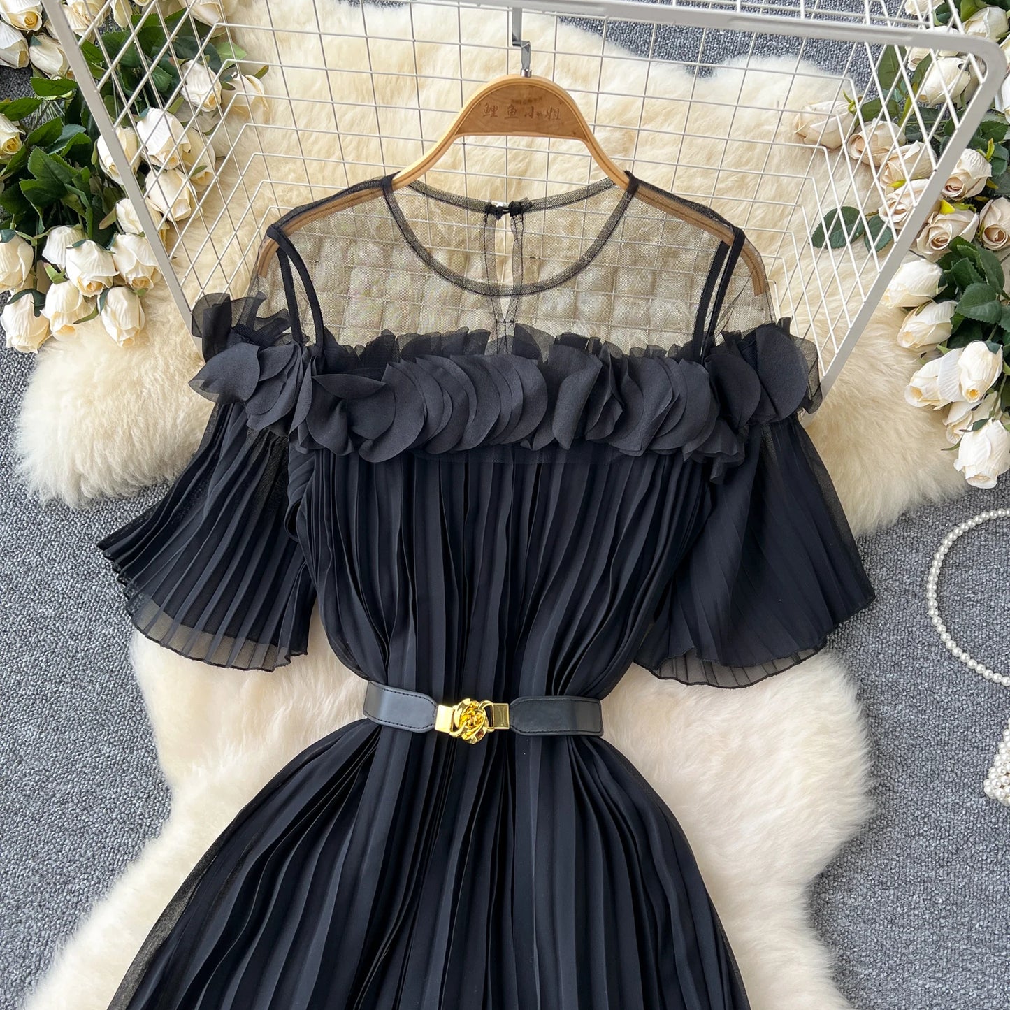 French mesh PATCHWORK Three-dimensional flower Sweet Dress Women Summer Waist Cinching pleated chiffon Dresses