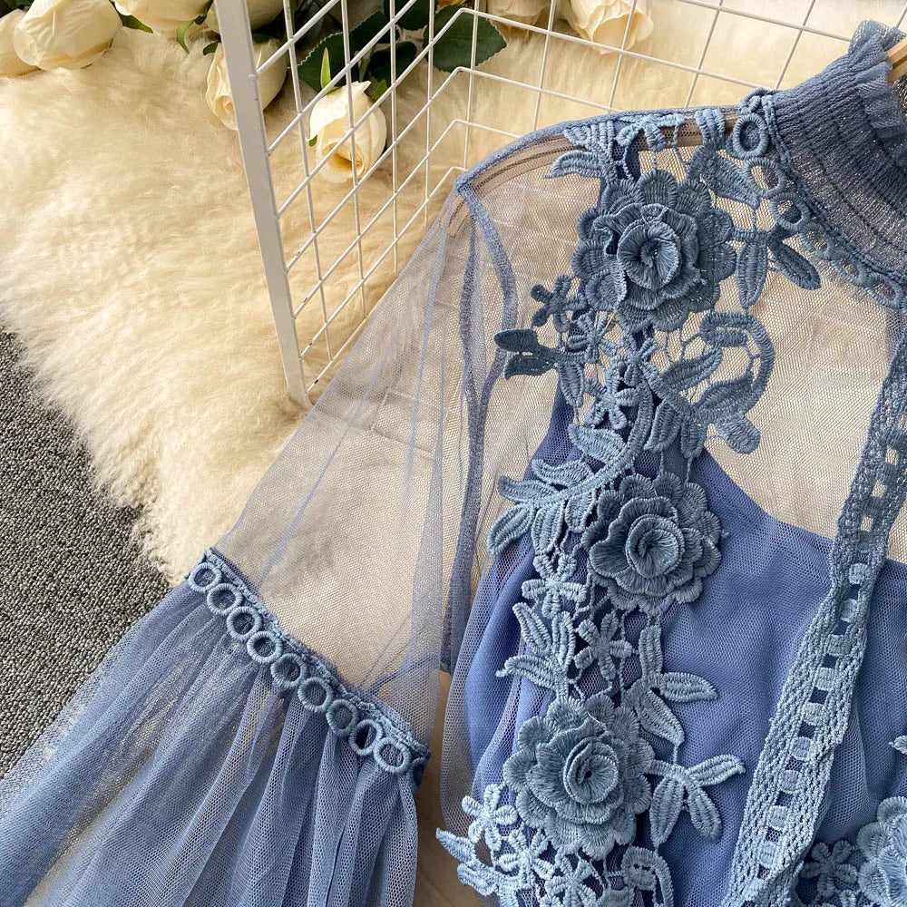Retro Elegant Mesh Pleated two pieces Dress sets Sexy Fairy puff sleeve Summer Casual Vestidos Slim Women Evening Party Dress