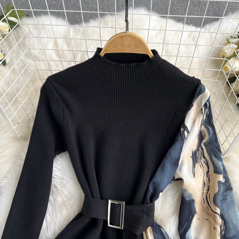 Elegant Chic Print Patchwork Knit Dress French Long Sleeve Party A-line Vestidos High Waist Basic Slim Women Autumn Winter Dress