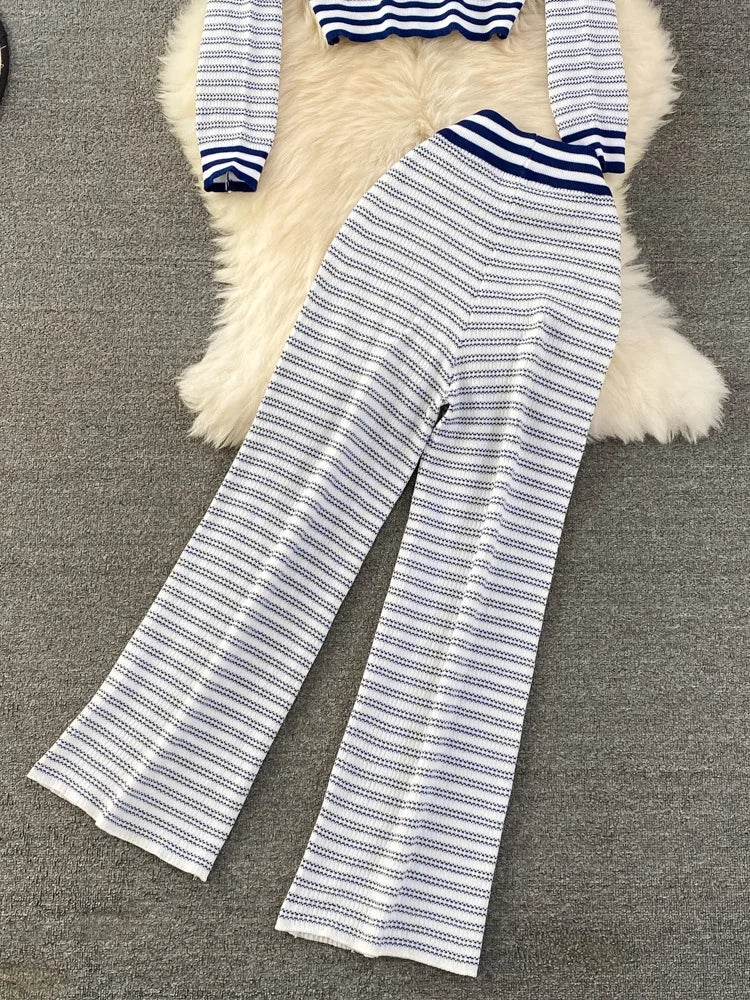 New Autumn Womens Fashion Striped Knitted Sets V-Neck Cardigan Sweater + Casual Stretch-knit Wide-leg Pants Suits Two Piece Sets