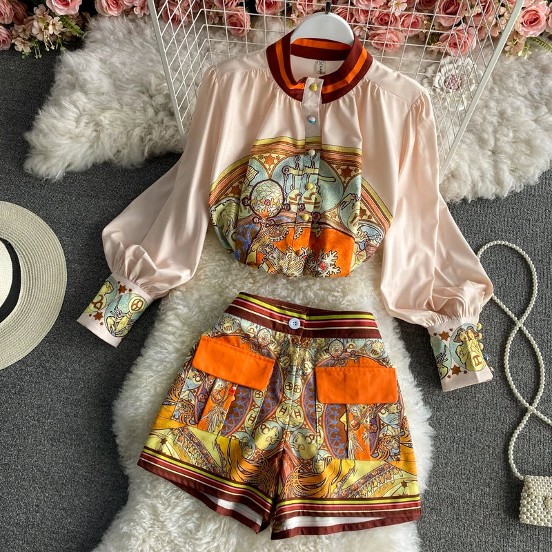 Women Printed Two Piece Set Retro Chic Spring Fragmented Flower Shorts+Long Sleeve Shirt Top Elegant Suits Spring Summer Outfits