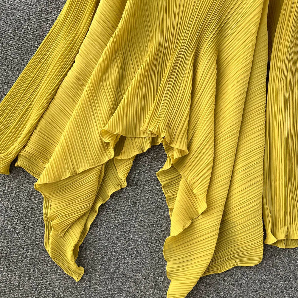 Clothland Stylish Yellow Blouse Set Two Piece Set Irregular Shirt Long Pants Pleated Women Chic Spring Suits TZ234