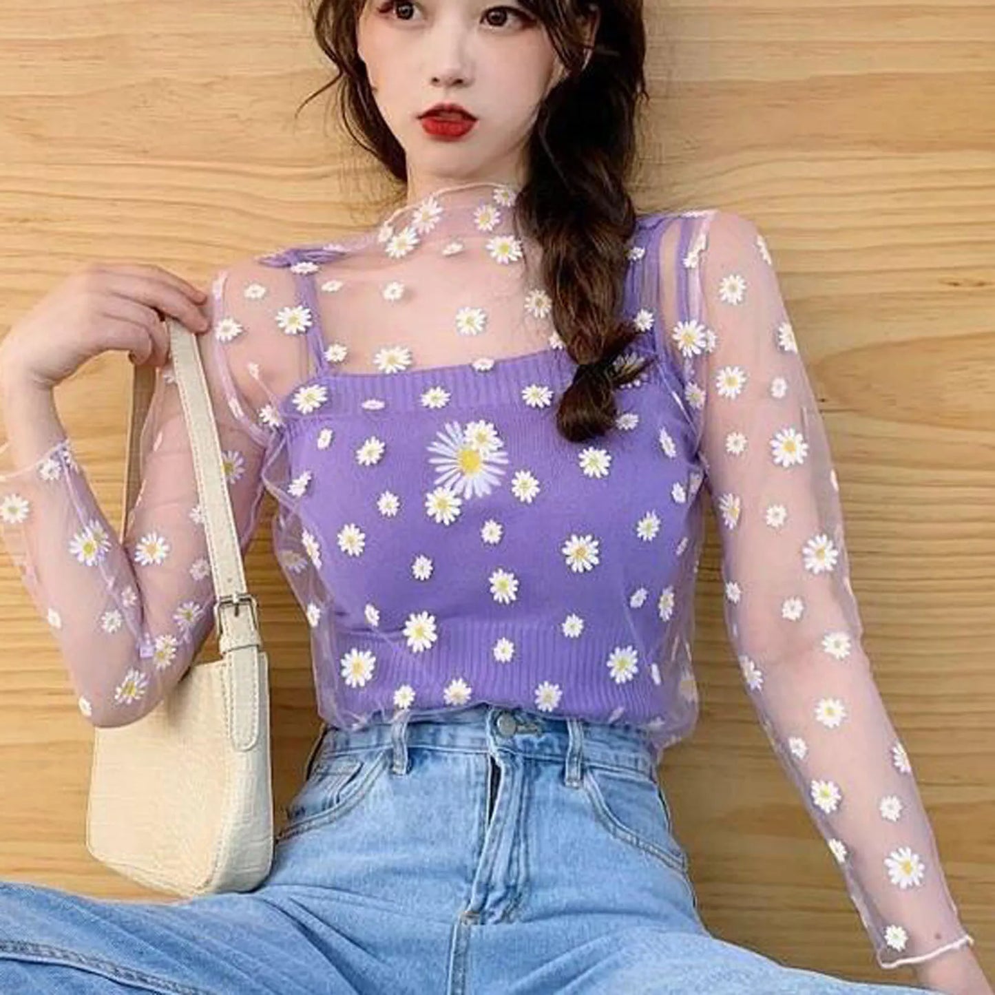 Women Daisy Print Lace Sheer Tops Sexy Tees Long Sleeve Thin Mesh Shirts Fashion Ladies Top 2023 Summer Sunscreen Blouse Blusas