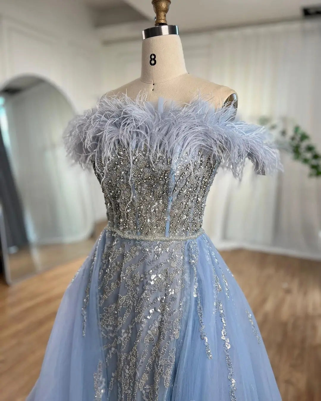 SERENE HILL 2024 Blue Feather Mermaid Luxury Beaded Evening Dresses Overskirt Formal Pink Gowns For Women Wedding Party GLA72061
