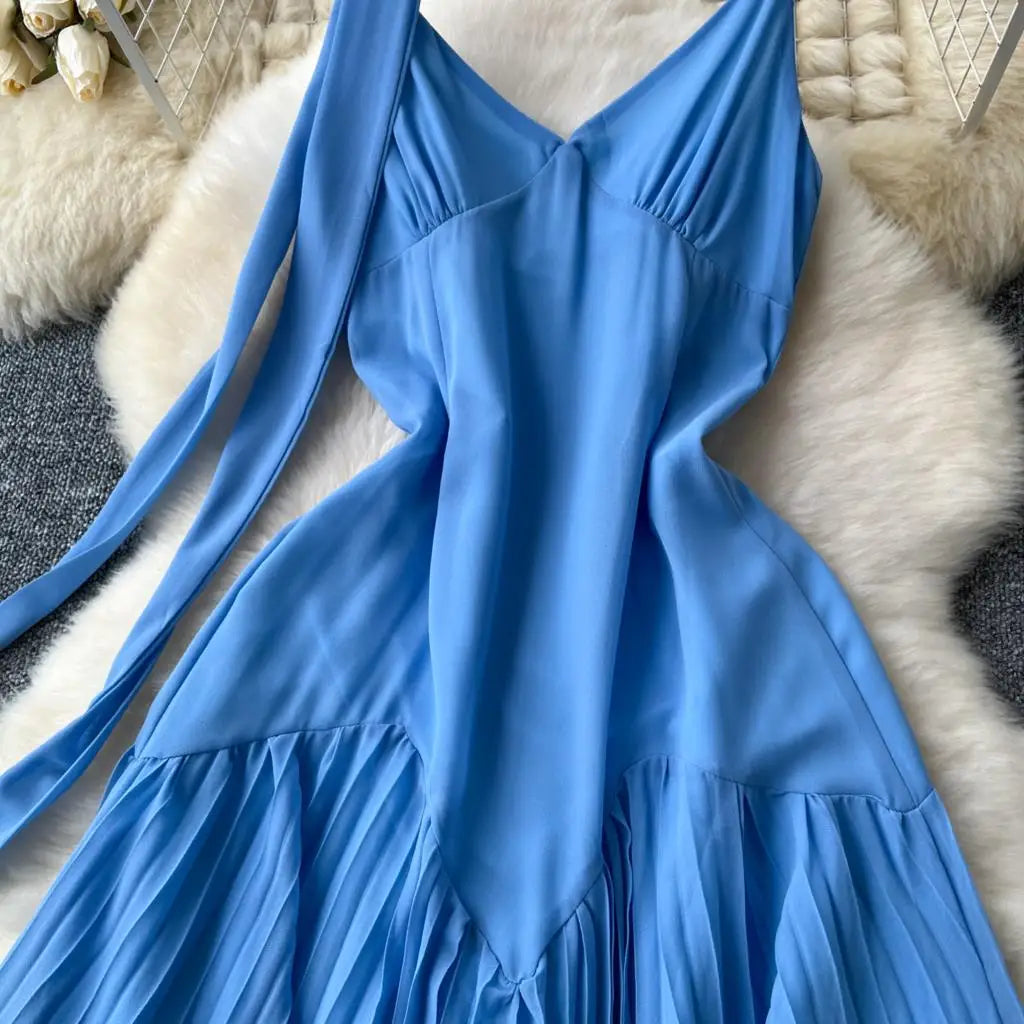 Summer Elegant Casual Women Solid Dress Halter A-Line Beach Holiday Party Long Robe Female Spaghetti Strap Boho Clothes Vestidos