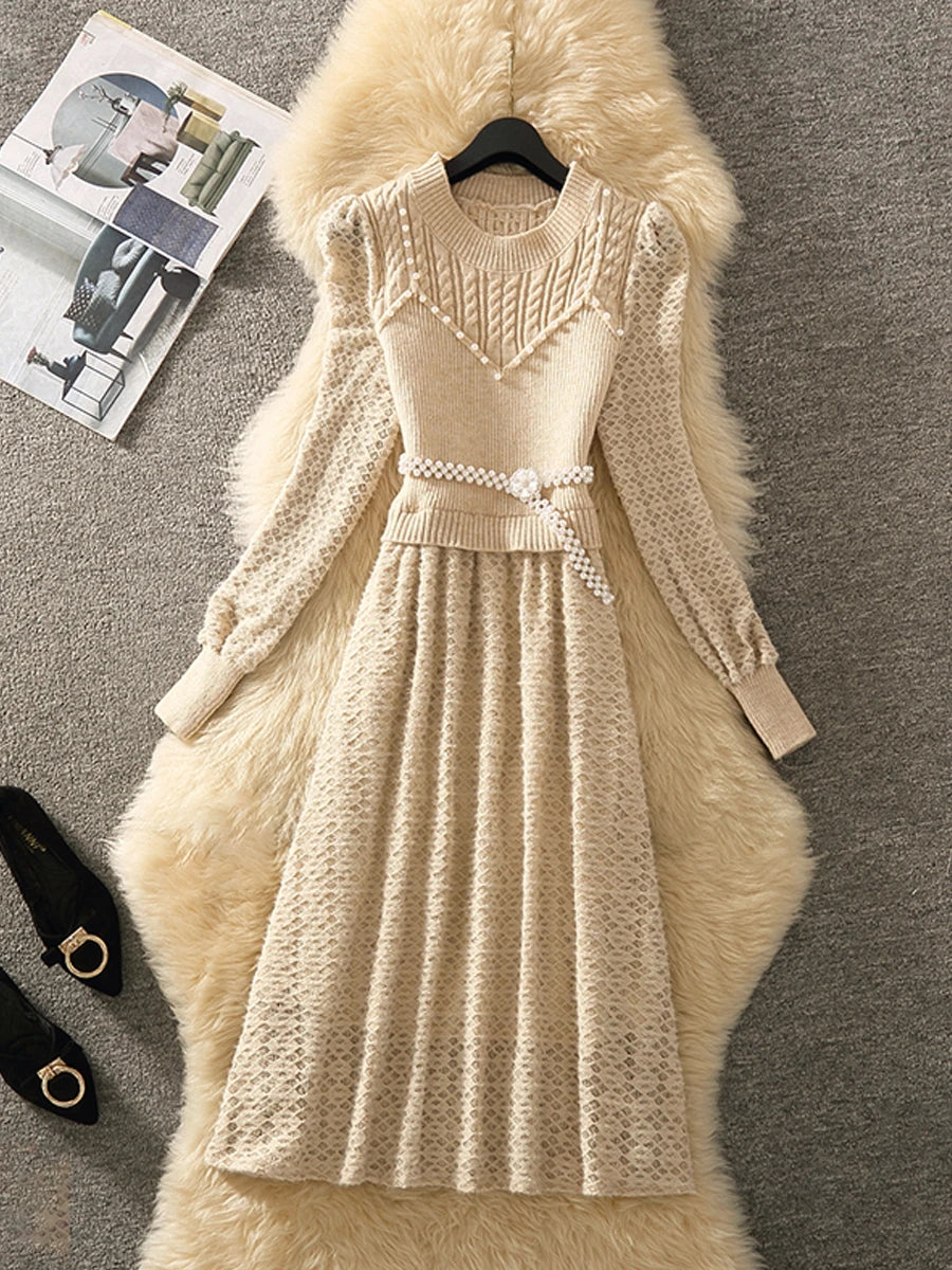 Long Sleeved Knitted Patchwork Dress Sweet O-neck Embroiled Flares Pullover Solid High Waisted A-line Dresses New Autumn 2024