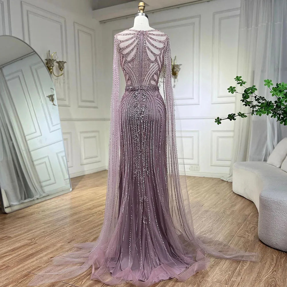 Serene Hill Brown Mermaid Elegant 2024 With Cape Sleeves Beaded Luxury Evening Dresses Gowns For Women Party LA70638