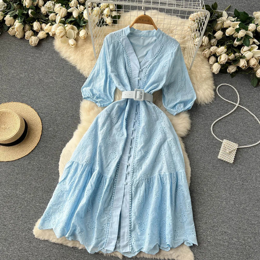 Summer V-neck Hollow Out Dress Women Bubble Sleeves Loose Embroidered Ruffle Edge Long Dresses Ladies Elegant Casual Long Robe