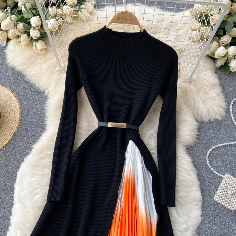 Elegant Chic Pleated Knit Dress French Long Sleeve Party Gothic A-line Vestidos High Waist Basic Slim Women Autumn Winter Dress