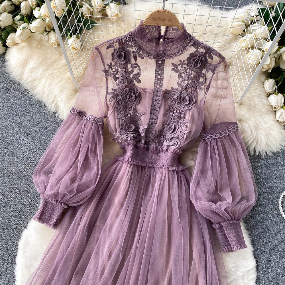 Retro Elegant Mesh Pleated two pieces Dress sets Sexy Fairy puff sleeve Summer Casual Vestidos Slim Women Evening Party Dress