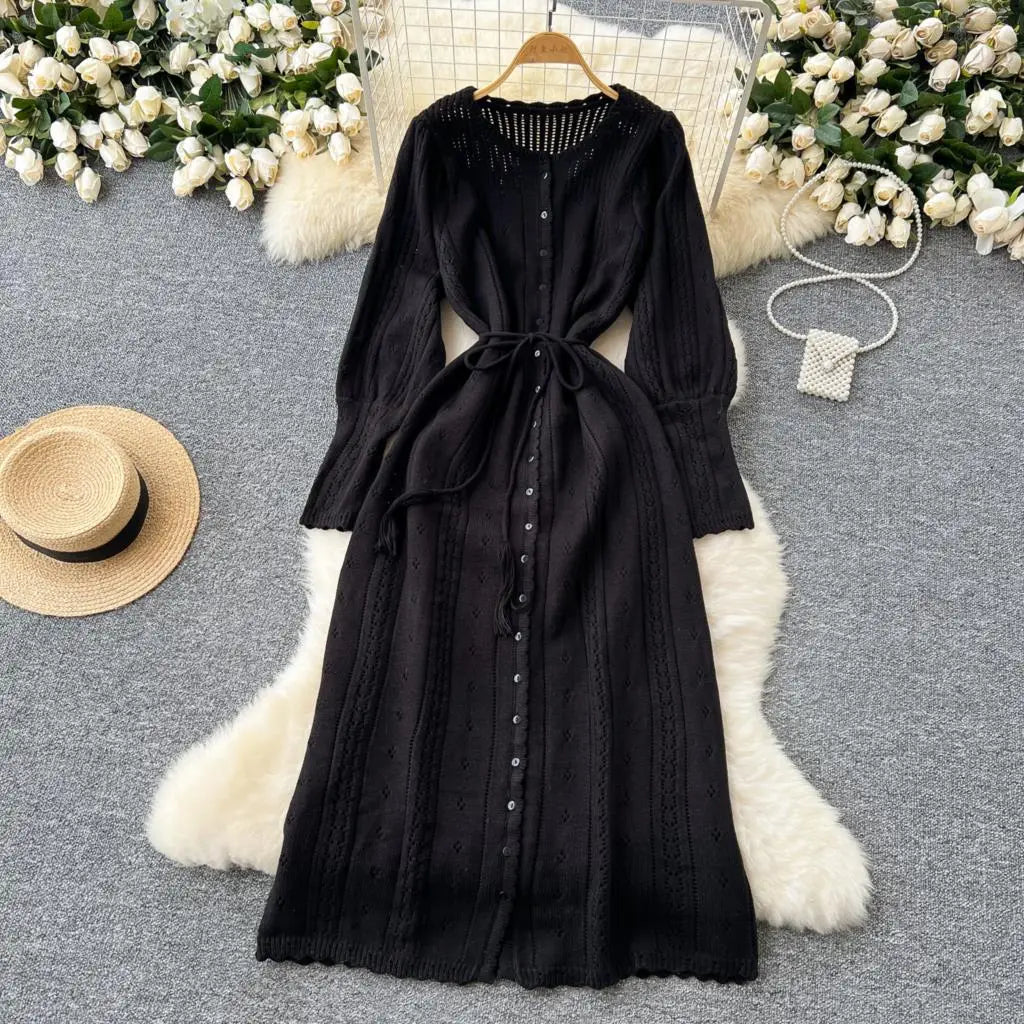 Elegant Autumn Solid Knitted Dresses for Women Sweet Hook Flower Hollow Strap A-line Korean Fashion Casual Vestidos Mujer New