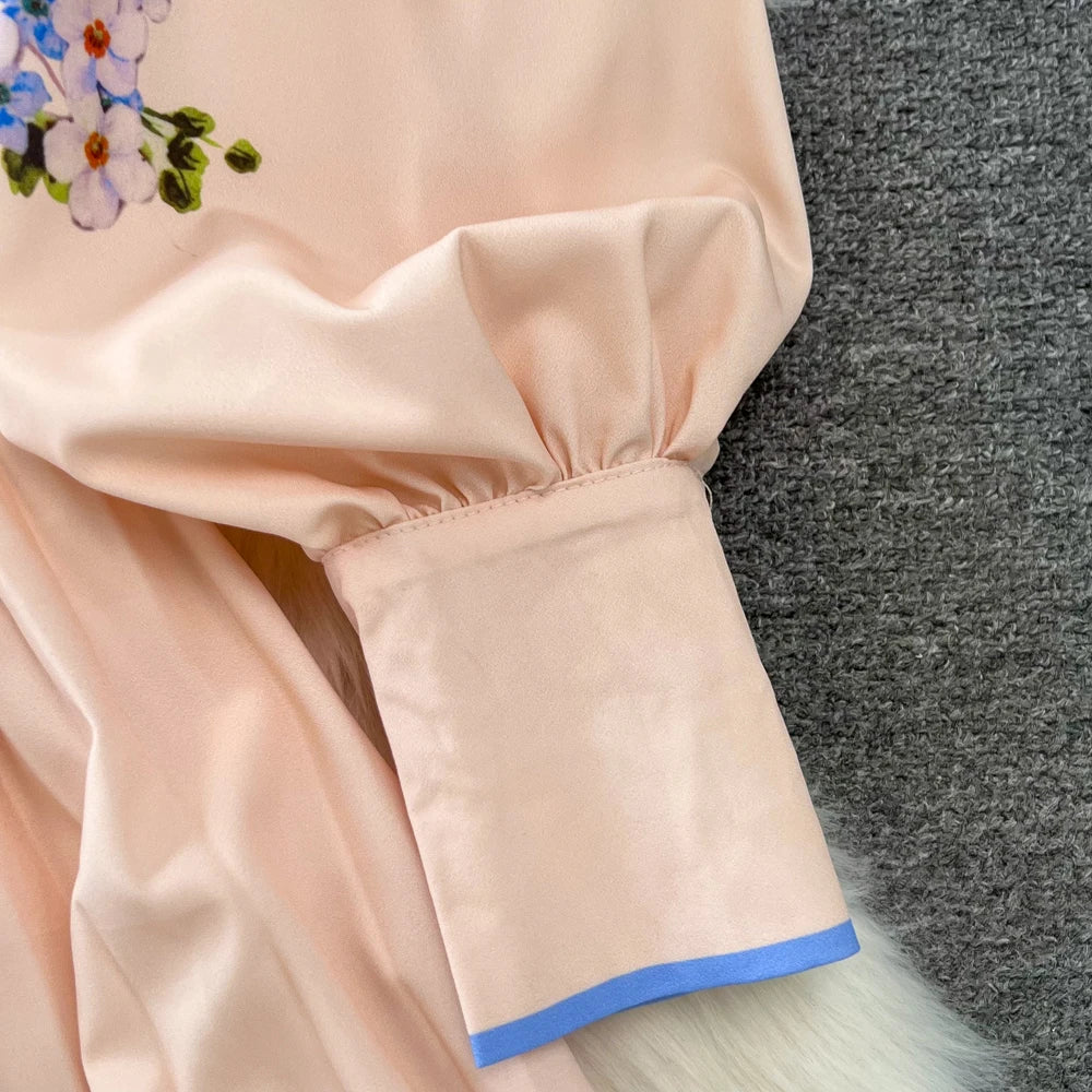 Vintage Print Elegant Lantern Long Sleeve Lapel A-line Dress Casual Women Fashion Autumn Spring Dress