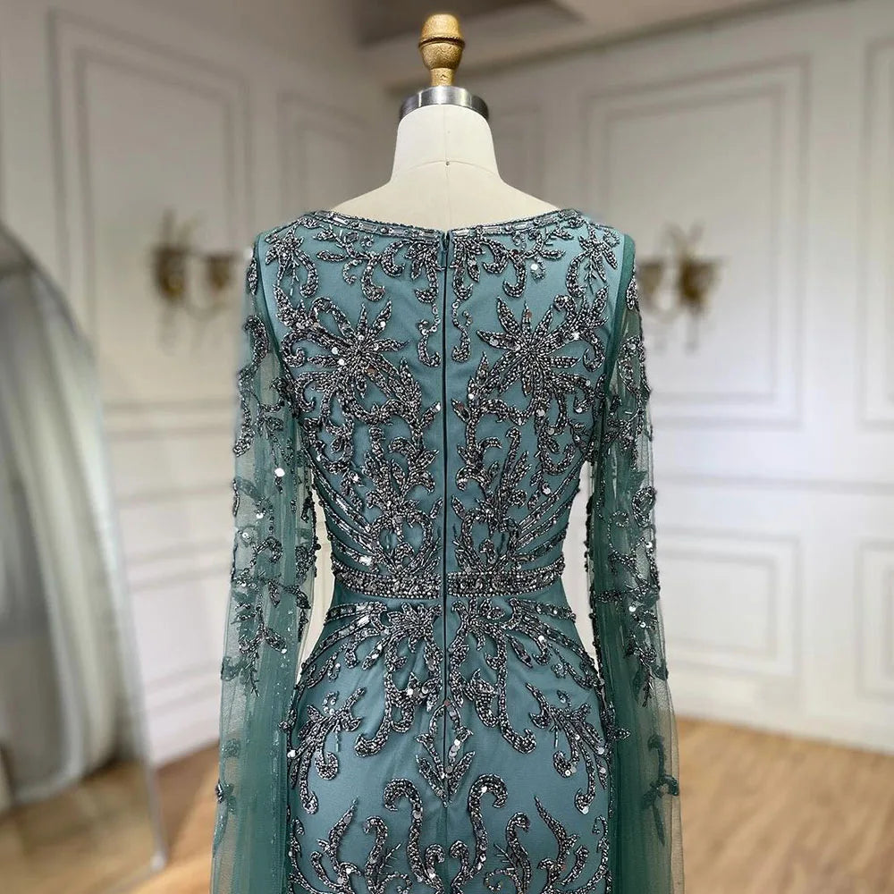 Serene Hill 2024 turquoise with Beaded Cape Sleeves Design Mermaid Long Evening Dresses Gowns for Women's Wedding Party BLA72400