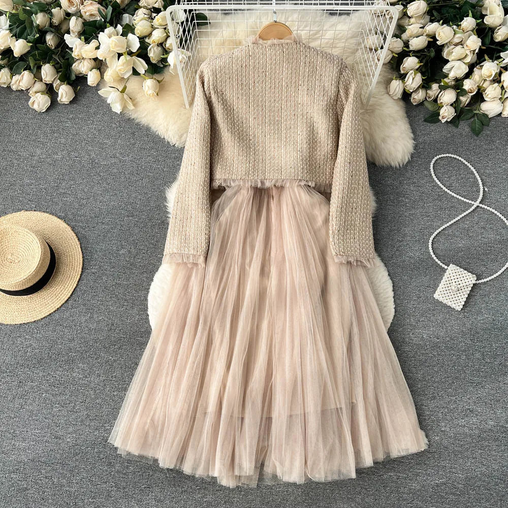 Elegant Small Fragrance Two-Piece for Women's Strap Mesh Midi Dress+Short Thick Tweed Jacket for Women's Spring and Autumn Set