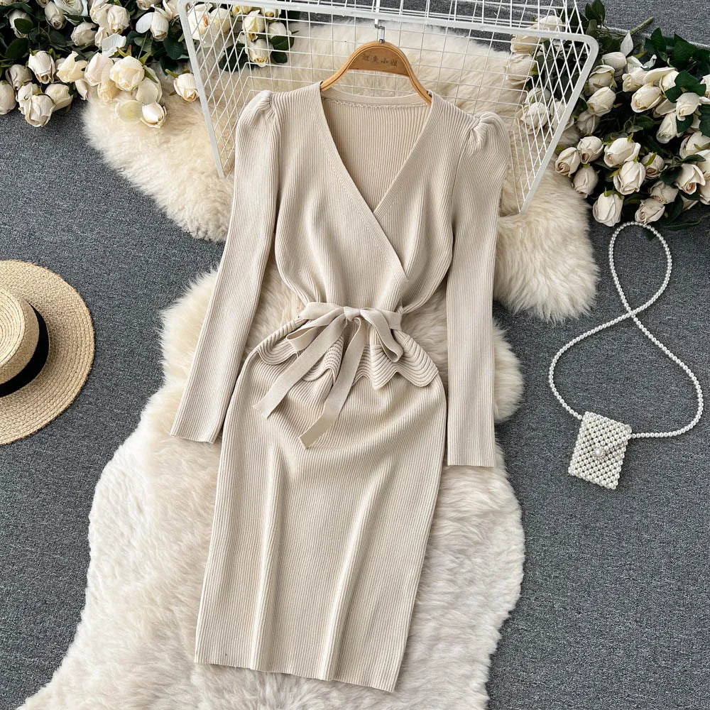 Women Long Sleeve V Neck Sexy Knit Bodycon Dress Chic Vintage Lace Up French Fashion Vestidos Party Elegant Fashion Dresses Y2k