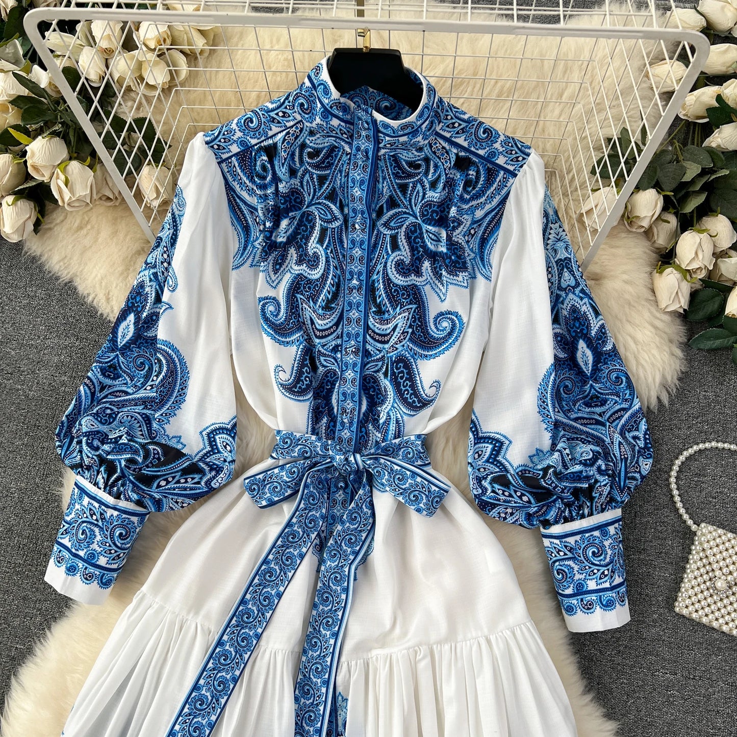 Vintage Print Elegant Half High Collar Lantern Long Sleeve Dress A-line Casual Women Fashion Autumn Spring Vestidos