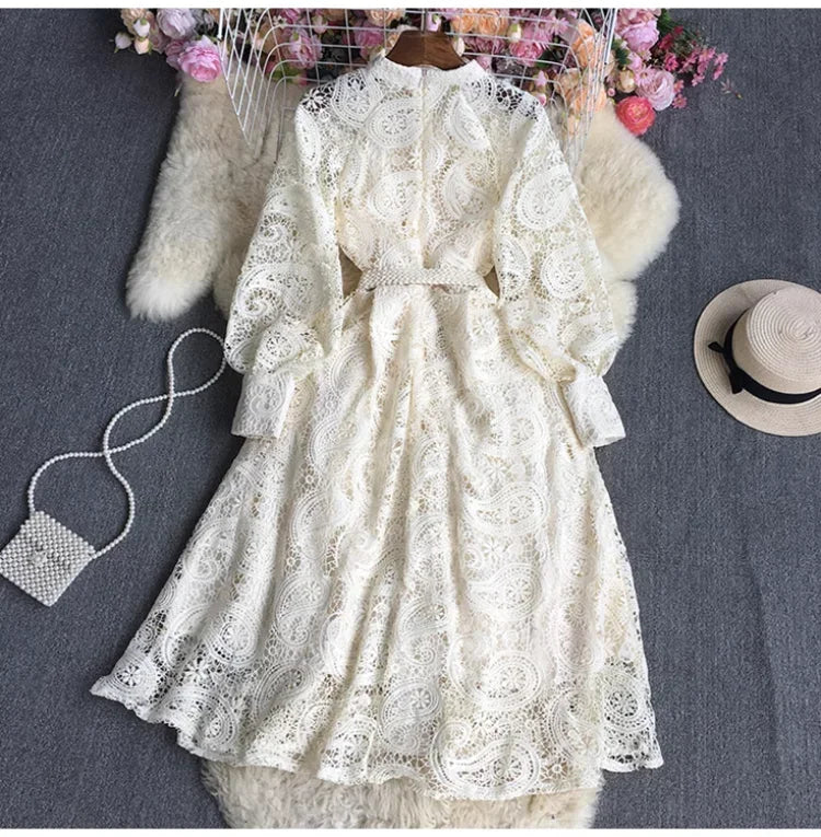 French Vintage Lace Dress Women Elegant Lantern Sleeve Party Long Dress with Belt ladies Slim A-line Spring Autumn Long Robe