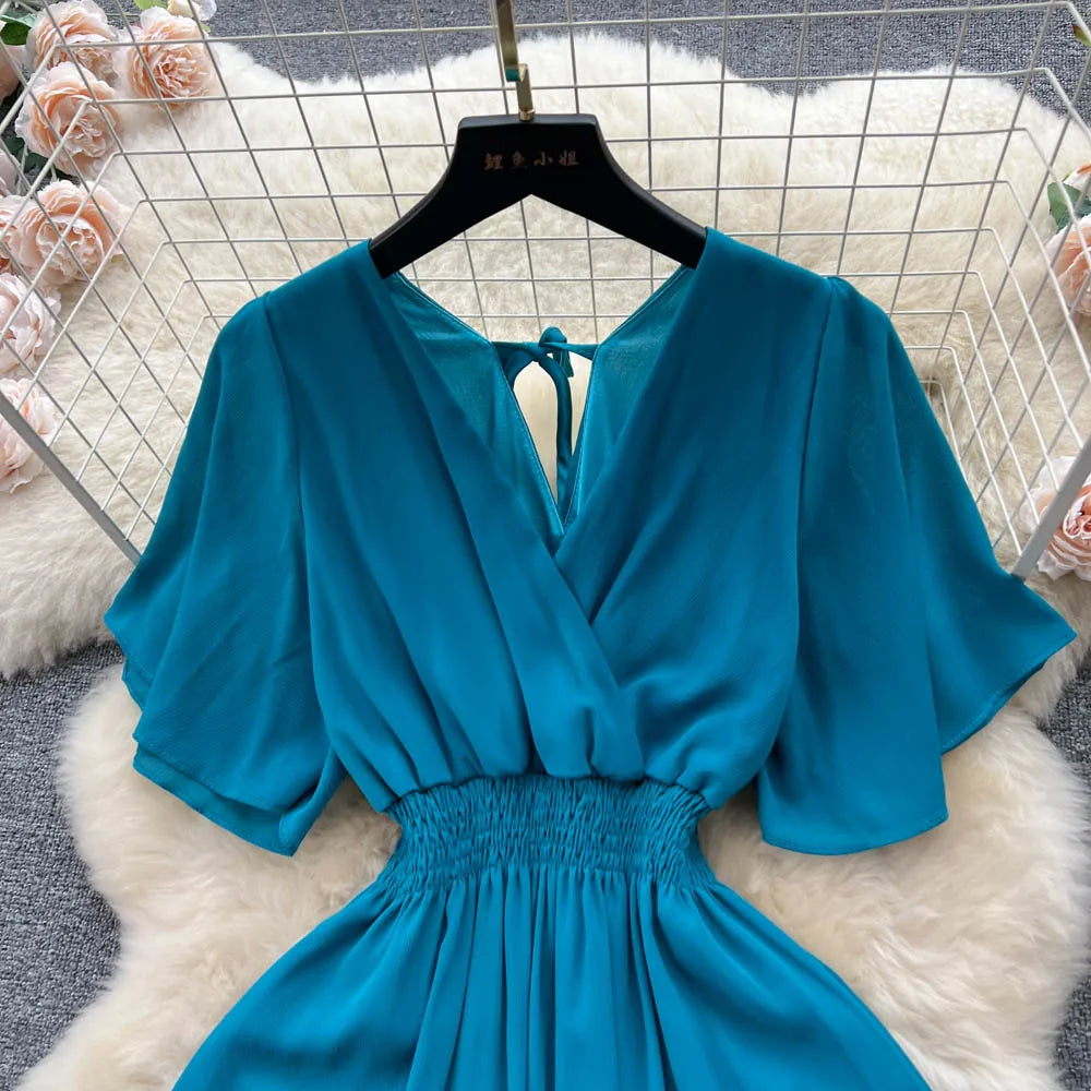 Vintage Elegant V-neck chiffon Dress A-line Fashion Beach Spring Summer Vestidos Women Bandage Sweet dresses