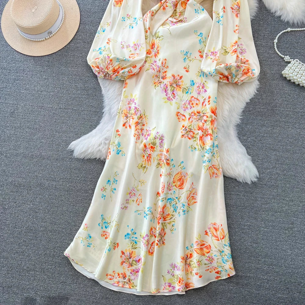 Sexy Bodycon Satin Floral Long Dresses for Women Lantern Sleeve V-Neck Slim Mermaid Evening Party Dress Prom Robe New Vestidos