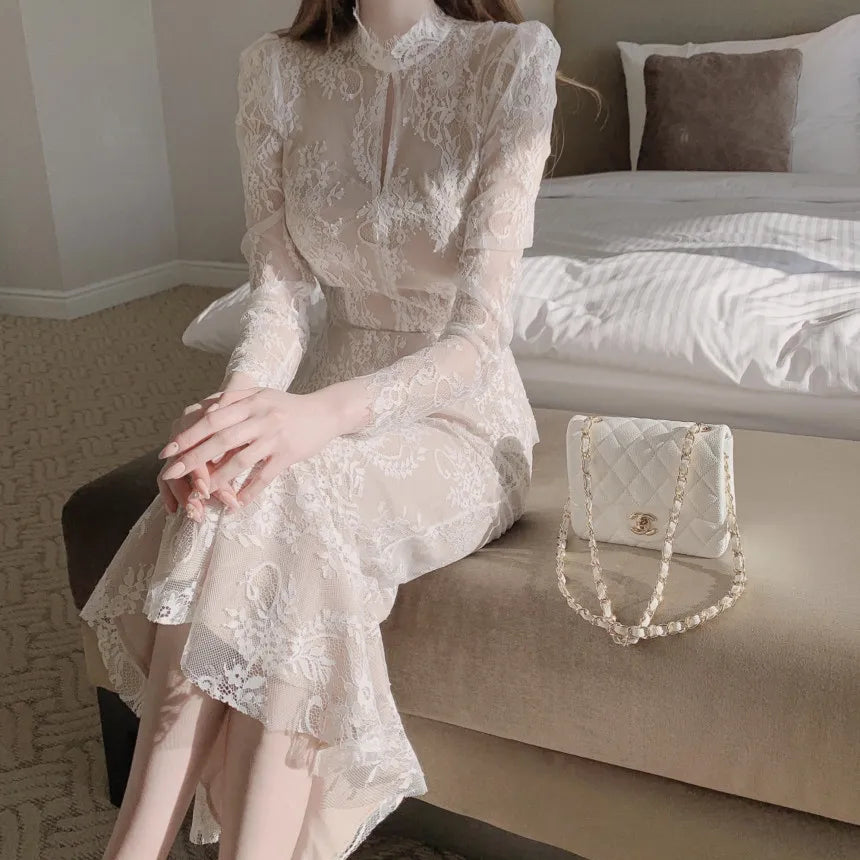Elegant and Slim fitting Semi Transparent Lace Set Women's Spring Temperament Long Sleeved Top+Long Fishtail Skirt Two-piece