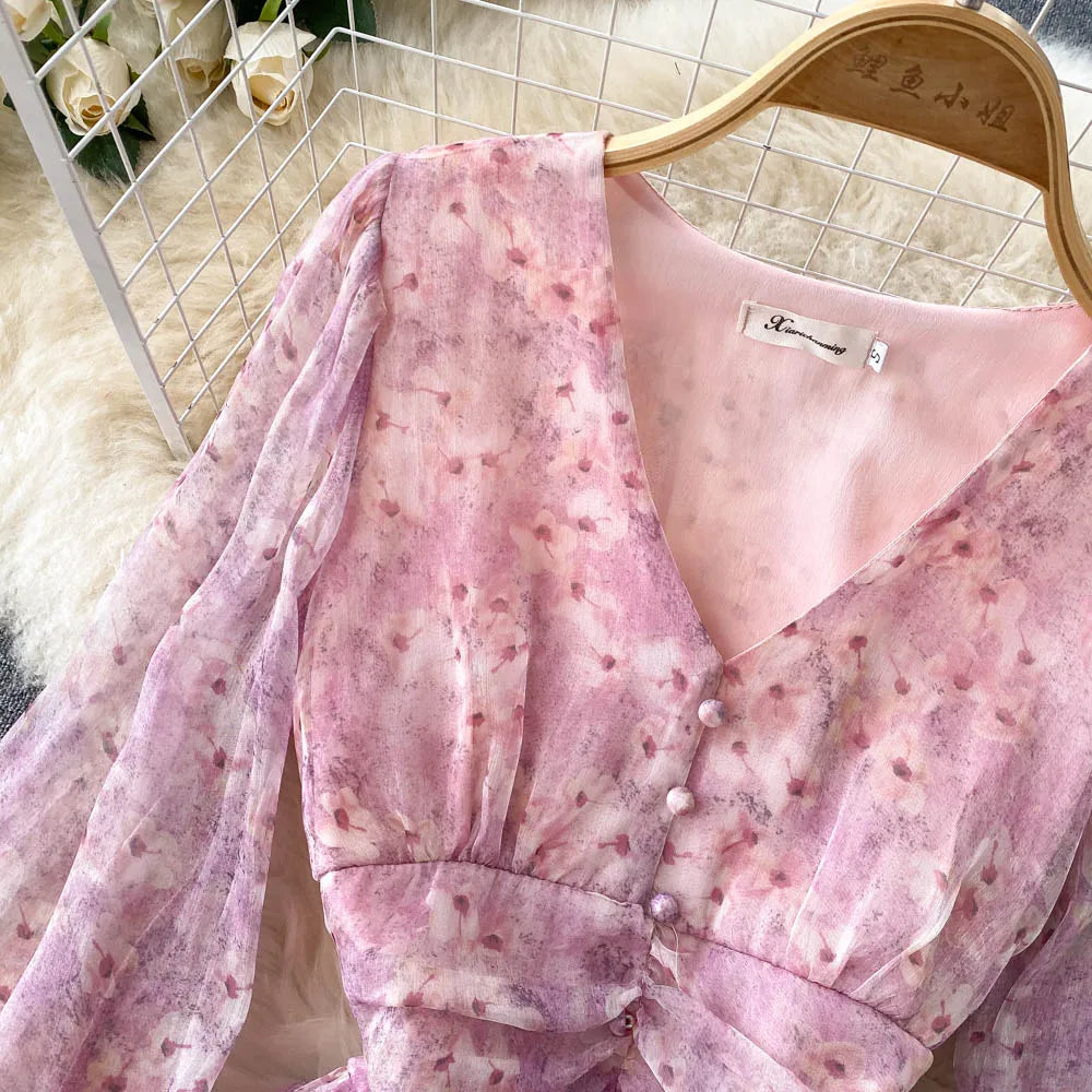 Vintage Floral Print Pleated Elegant Puff Sleeve Dress A-line Chiffon Beach Vacation casual Dress Women Summer Spring Vestidos