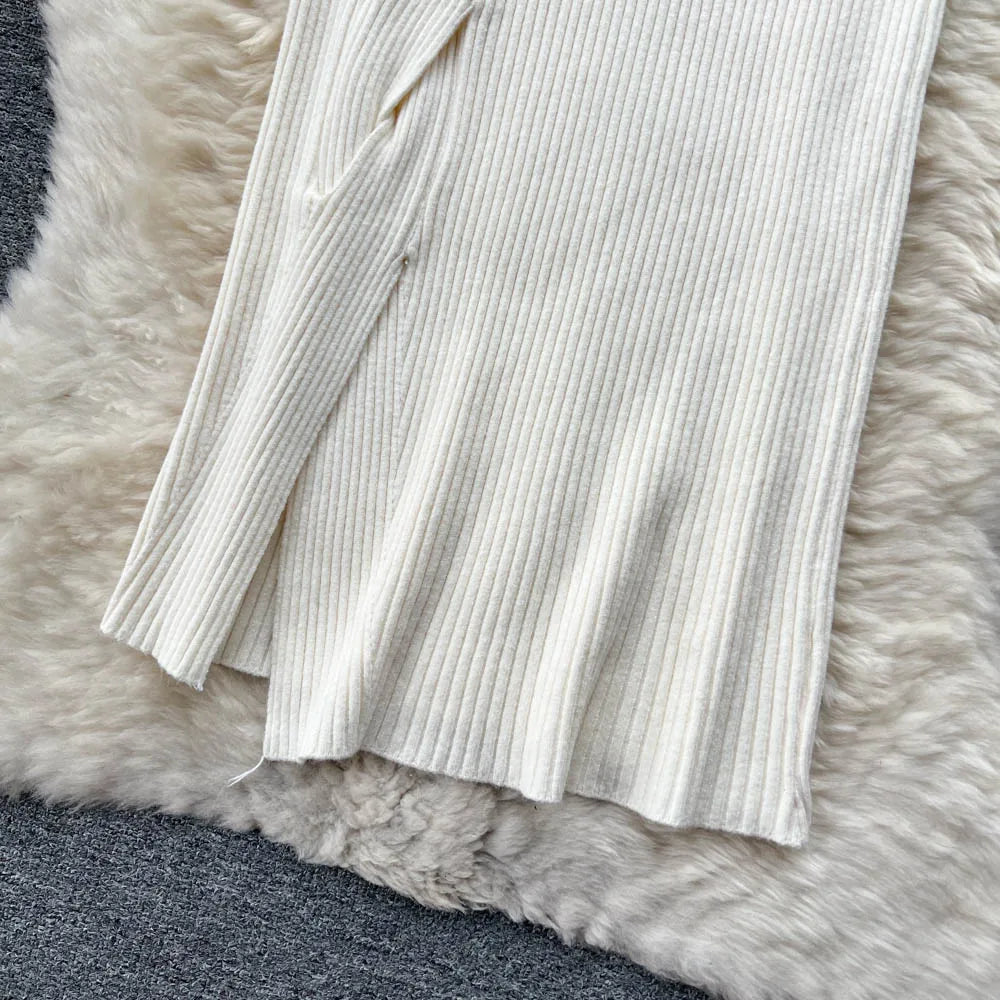 Women Elegant Chic Split Sexy Skirt Elastic Knit High Waist Fashion Vintage Pencil Skirt Black White Spring Autumn Clothing