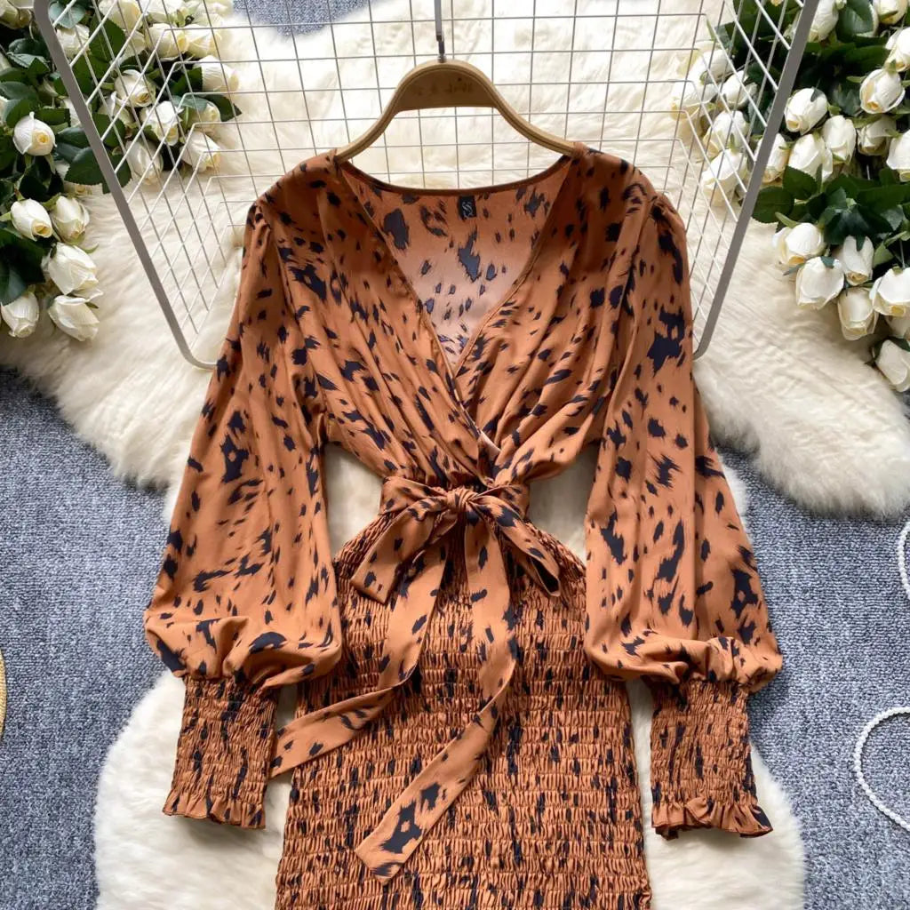 Women Casual Vintage Print Ruffle Long Dress Autumn Elegant V Neck Lantern Sleeve Party Mermaid Dresses Holiday Female Mujer New