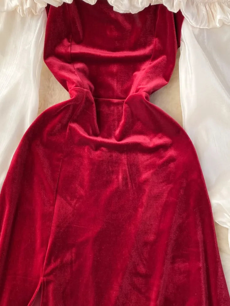 Sexy Bodycon Off Shoulder Party Dress Women Ruffles Velvet Patchwork Elegant Lady Fashion Prom Robe A-Line Vestidos Mujers New