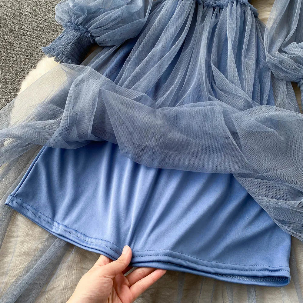Retro Elegant Mesh Pleated two pieces Dress sets Sexy Fairy puff sleeve Summer Casual Vestidos Slim Women Evening Party Dress