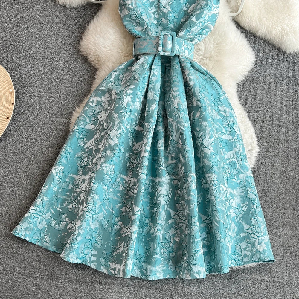 Women Vintage Floral Dresses Summer Slim A-line Sleeveless Party Dresses Ladies Elegant O-neck Casual Midi Dress Vestidos