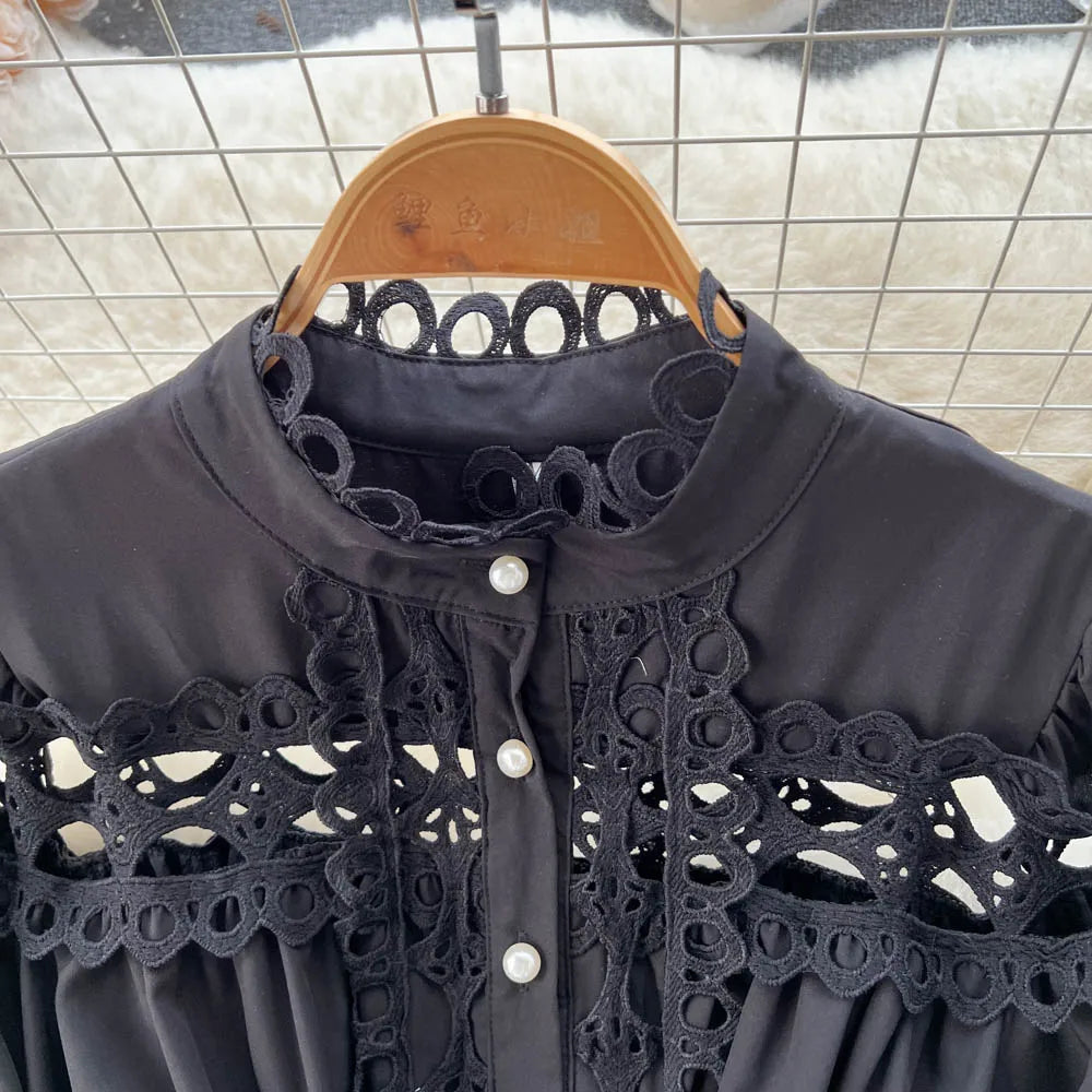 2023 Spring Summer Holiday Dress Women Stand Collar Long Sleeve Button Up Embroidery Trim Luxury Elegant Mini Dress With Belt