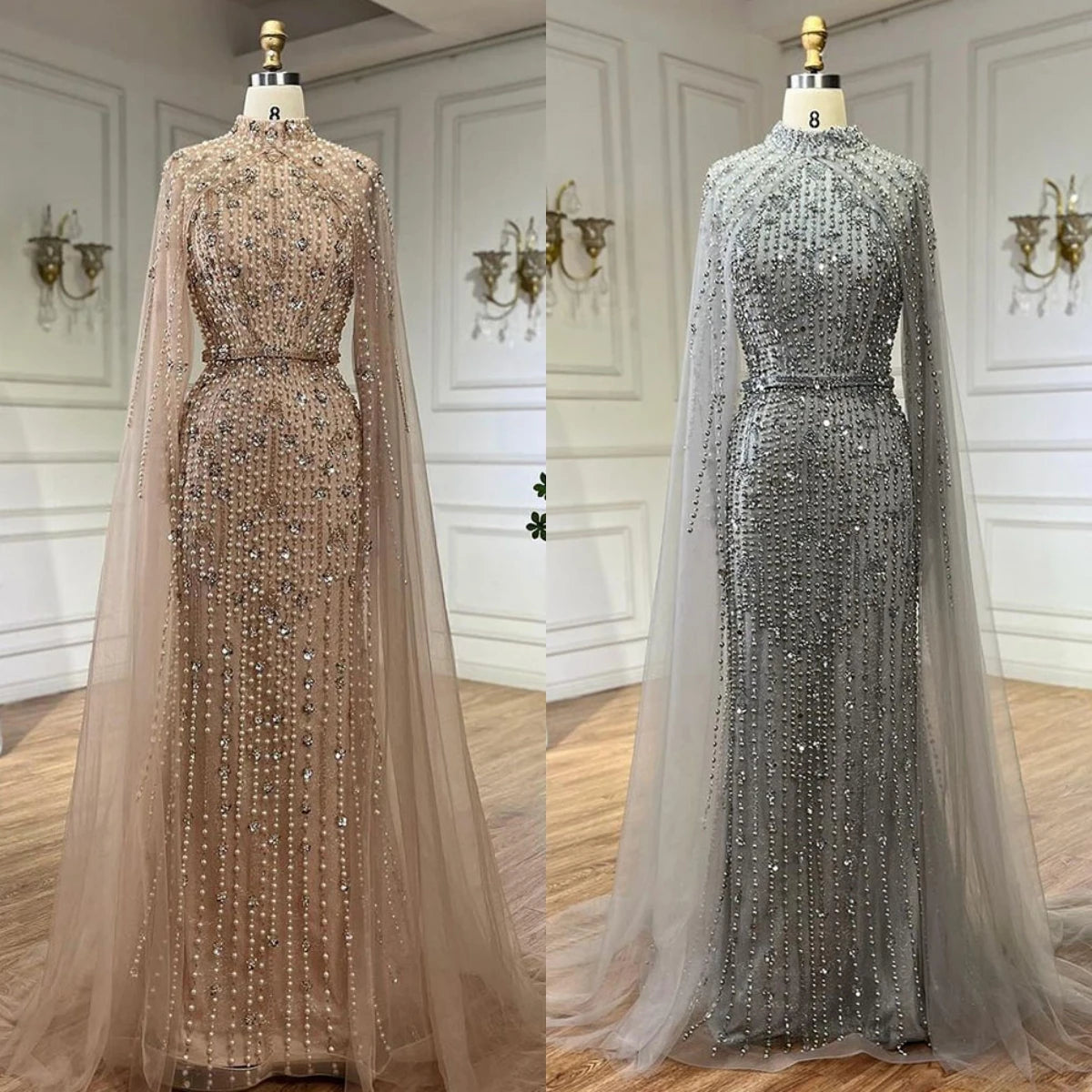 SERENE HILL 2024 Arabic Nude Mermaid Cape Long Sleeves Luxury Beaded Evening Dresses Formal Gowns Women Wedding Party GLA72372