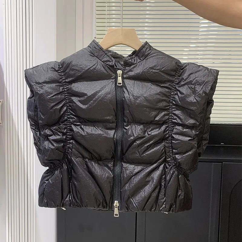 Women's Trendy Down Jacket Vest Winter Chic Sleeveless Zip Coat Round Neck Cropped Warm Waistcoat Female Spring 2024 New