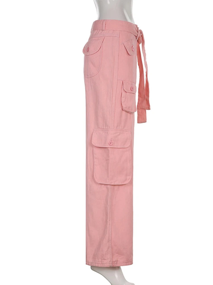 Women's High Waist Cargo Pants with Lace Belt Street Multi Pocket Straight Leg Casual Trousers Spring Autumn New Y2K Vintage