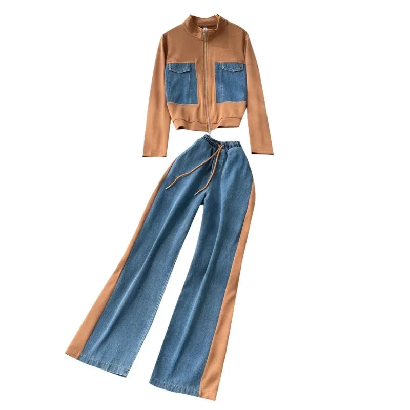 Fashion Two Piece Set Women Autumn Casual Sports Versatile Stand Up Collar Zipper Long Sleeved Top Jacket + Denim Patchwork Pant