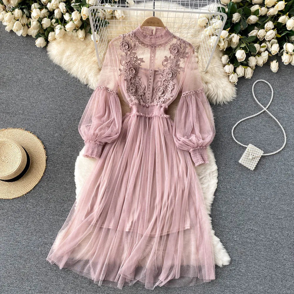 Retro Elegant Mesh Pleated two pieces Dress sets Sexy Fairy puff sleeve Summer Casual Vestidos Slim Women Evening Party Dress