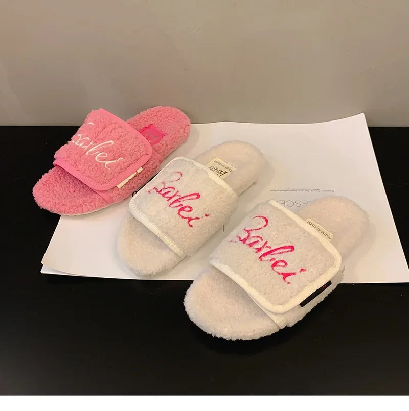 2024 Barbie Plush Kawaii Slippers Women's Y2k Autumn Winter Warm Home Indoor Thick Bottom Flat Bottom Open Toe Slippers Cute Sho