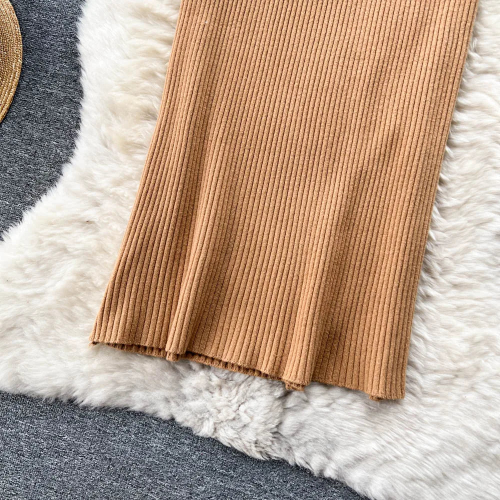 Women Elegant Chic Split Sexy Skirt Elastic Knit High Waist Fashion Vintage Pencil Skirt Black White Spring Autumn Clothing