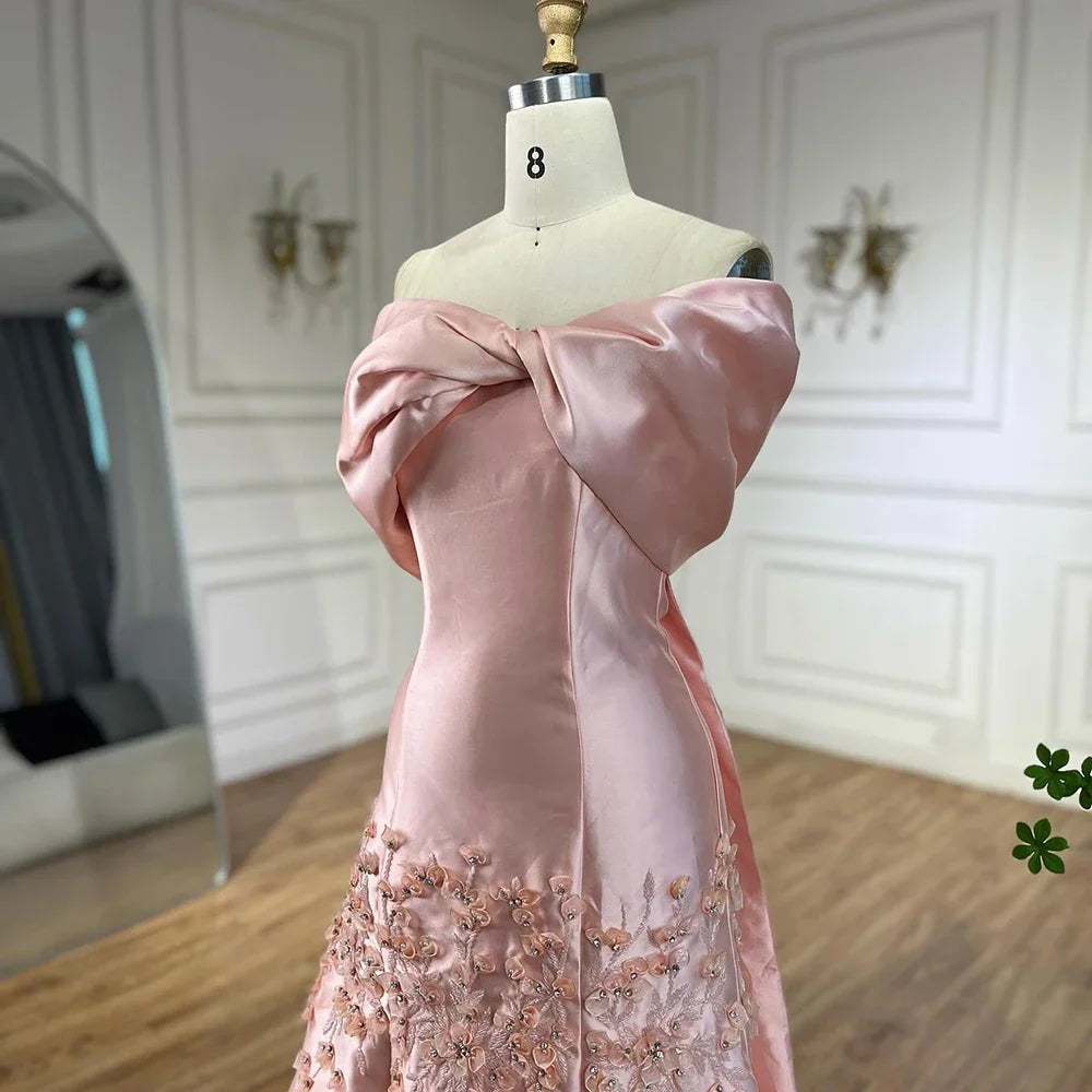 Serene Hill 2024 Luxury Saudi Arabia Off Shoulder Mermaid Peach Satin Luxury Women Evening Dress For Formal Occasions GLA72483
