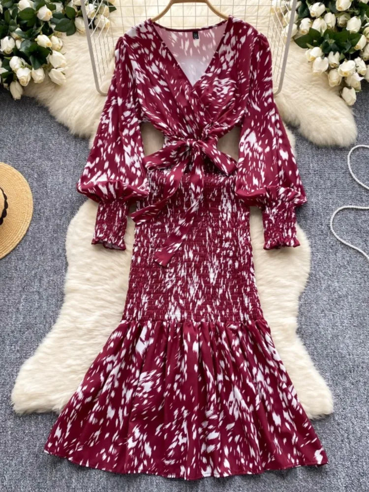 Women Casual Vintage Print Ruffle Long Dress Autumn Elegant V Neck Lantern Sleeve Party Mermaid Dresses Holiday Female Mujer New