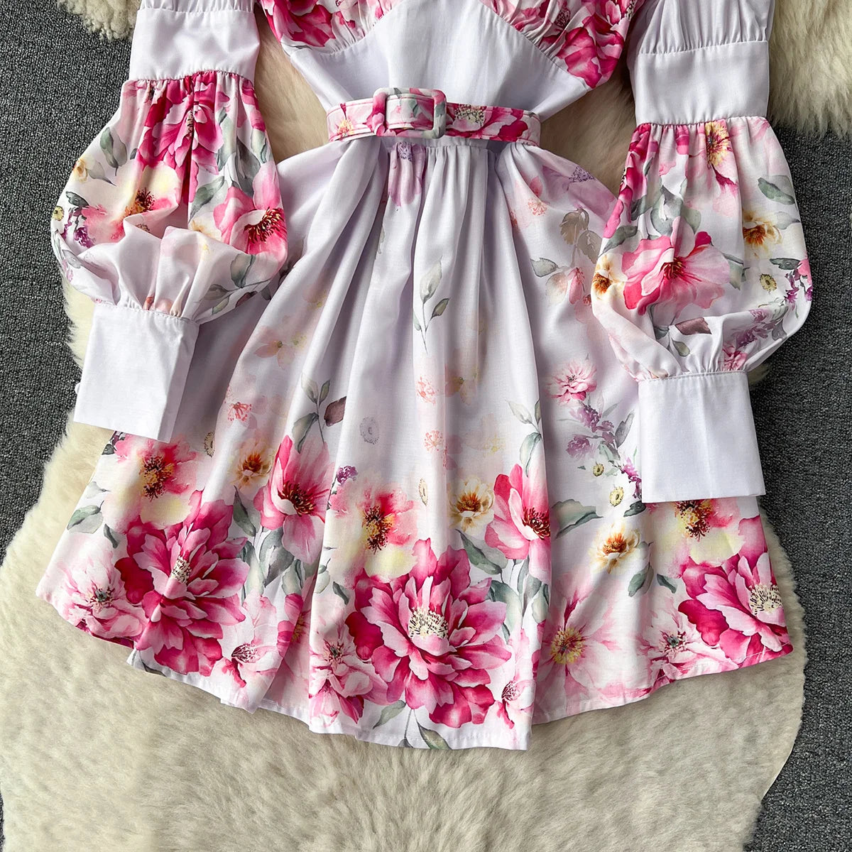 Elegant Party Dresses Women Round Neck Button Up Vintage Floral Print Dress Spring Summer Long Lantern Sleeve Belted Mini Dress