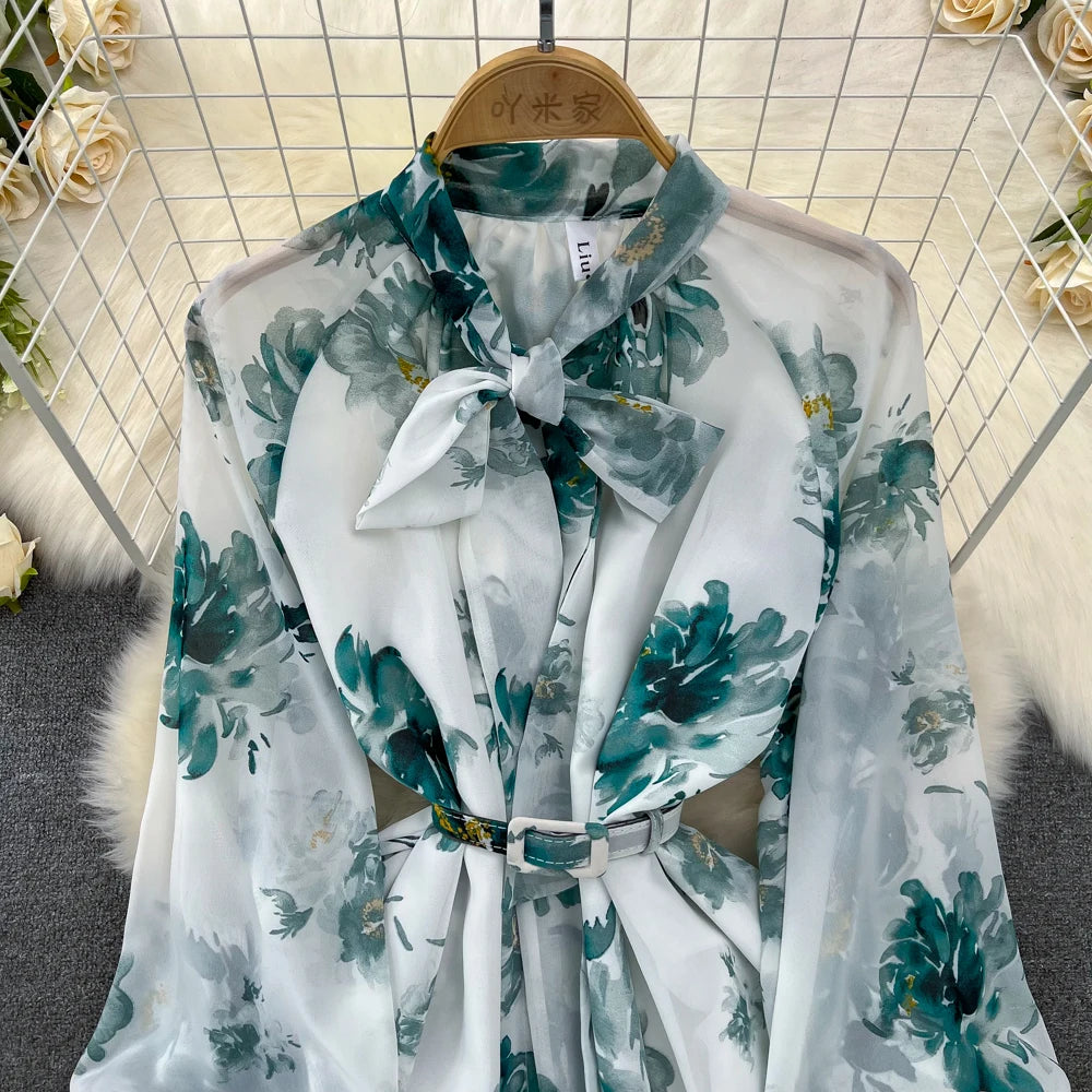Elegant Casual Women Fashion Floral Print Long Dress Vintage Pleated A-Line Maxi Boho Beach Party Robe Female Clothes Mujers